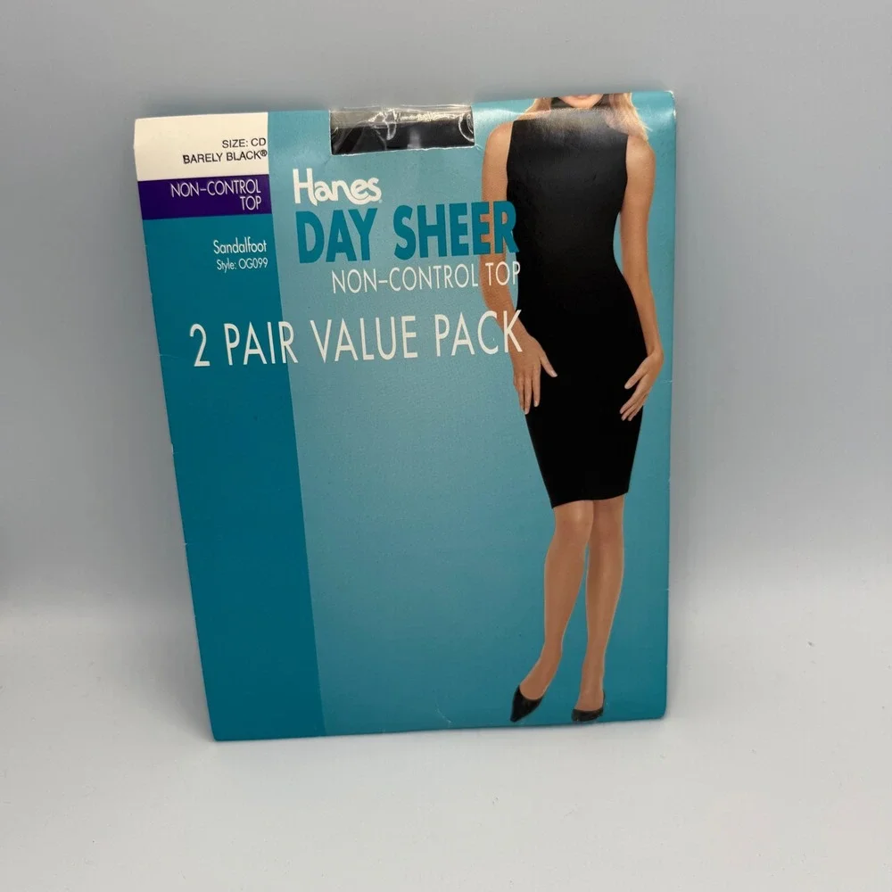Hanes Day Sheer Non-Control Top Pantyhose 2 Pair Barely Black OG099 CD